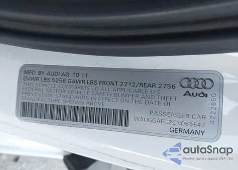 2012 Audi A6 3.0 Premium z USA, uszkodzony, nr VIN WAUGGAFC2CN065647